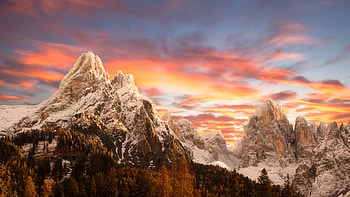 Dolomites Mountains, mountains, nature, dolomites, snow, trees, sky HD wallpaper