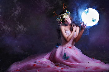 Fearless In Darkness, Girl, fantasy, Darkness, Moon, Butterflies, Night, Birds HD wallpaper
