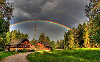 Double Rainbows, Rainbows, Double, House, Clouds, Sky HD wallpaper