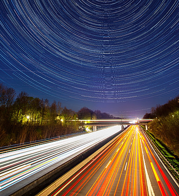 Highway, long exposure, starry sky, night HD phone wallpaper