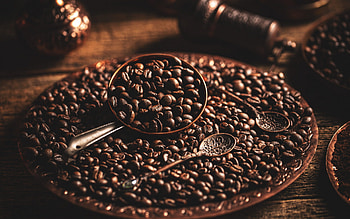 coffee grains on a plate, coffee concepts, coffee grains, old spoons, coffee HD wallpaper