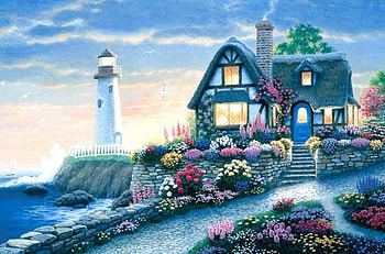 blue lighthouse, blue, sea, creative, cottages, flowers, lighthouses, paintings, beauty HD wallpaper