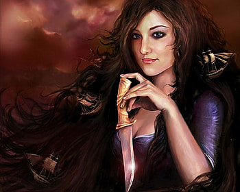 The girl with the knife, boat, fantasy, art, knife, girl, woman, hand HD wallpaper