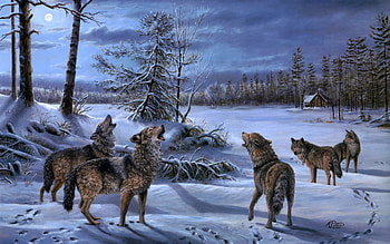 A pack of wolves howling at the moon HD wallpaper