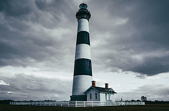 Lighthouse, fence, clouds, building HD wallpaper