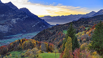 Aerial View Of Colorful Autumn Trees Forest Village Mountains Scenery Under Blue Sky During Sunset Nature HD wallpaper
