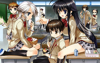 Kanokon, skirt, nozomu, brunette, uniform, skirts, long hair, kouta, cute anime girls, anime girls, classroom, schoo uniform, chizuru, cute girls, bento, obento HD wallpaper