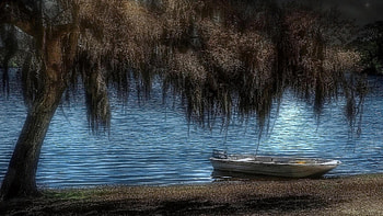 lovely fishing boat on a lake shore r, boat, shore, r, lake, tree HD wallpaper