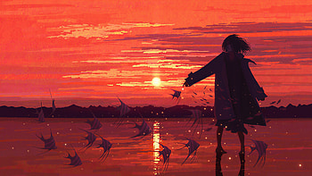 Anime Girl Silhouette At Sunset, anime-girl, anime, artist, artwork, digital-art, pixiv HD wallpaper
