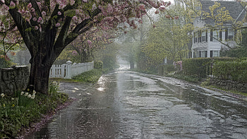 Spring Rain — Blossom-Lined Quiet Lane, Road, Tree, House HD wallpaper