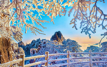 Frosty Morning, snow, fence, trees, branches, sky, mountains, ice HD wallpaper