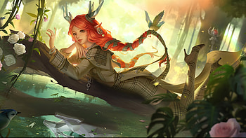 Redhead Anime Girl With Horns Lying On Tree Branch Nature Background Anime Girl HD wallpaper