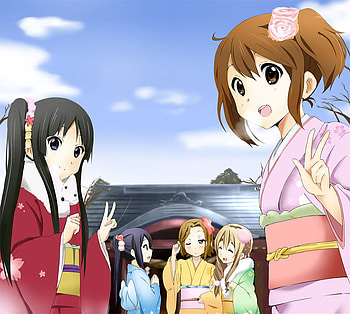 A Day in the Temple, japanese clothes, kimono, cute, twin tails, long hair, tainaka ritsu, shrine, ponytail, short hair, blonde hair, black eyes, nakano azusa, k-on, brown eyes, akiyama mio, blue eyes, temple, side ponytail, hatasuke, black hair, kotobuki tsumugi, pretty, brown hair, hirasawa yui HD wallpaper