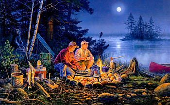 GUESS,WHO\'s COMING TO DINNER!!!!, night, river, dinner, the bear, fishing, scott zoellick, intruders, lake, moon, campfire, tent, water, forest, the situation HD wallpaper