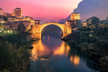 Sunset river, Bridge, Mostar, Bosnia and Herzegovina HD wallpaper