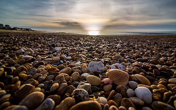 Nature, Stones, Pebble, Sky, Sea, Beach, Beams, Rays HD wallpaper