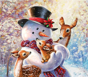 Snowman and deers, winter, art, craciun, caprioara, snowman, painting, pictura, deer, christmas, larry jones HD wallpaper