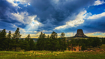 Devils Tower, Wyoming, clouds, trees, sky, sunset, rock, usa HD wallpaper