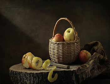 Still life, Apples, Basket, Tables HD wallpaper