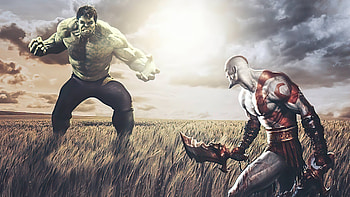Hulk Vs Kratos, hulk, kratos, superheroes, artist, artwork, digital-art HD wallpaper