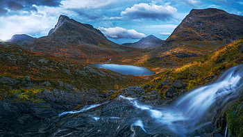 Romsdalen Valley, Norway, sky, mountains, autumn, waterfall, landscape, clouds HD wallpaper