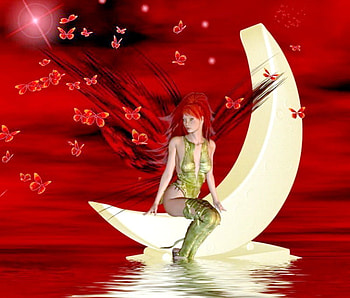 Moon fairy, fairy, butterflies, red sky, green outfit, moon, water, reflections HD wallpaper