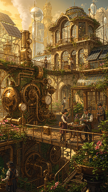 Verdant Steamworks | Solarpunk Rooftop | Sunforge Conservatory, steampunk HD phone wallpaper