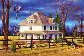 The wind takes you back, hens, fence, dogs, clouds, trees, cottage HD wallpaper