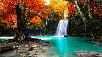 Waterfall-in-Kanjanaburi, nature, waterfalls, water, orange, Thailand, glow, graphy, , beauty, turquoise HD wallpaper
