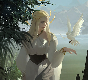 Princess, white, blonde, art, zonghao liu, bird, fantasy, dove, girl HD wallpaper