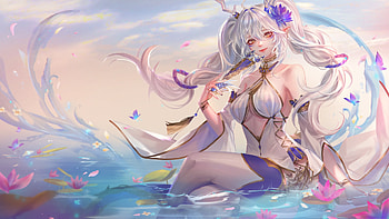 Fantasy girl, blue, pink, hand fan, fantasy, shumolly, girl, water HD wallpaper