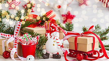Snowman Toy Christmas Tree Gift Boxes Red Balls Ornaments Lights Bokeh Background Christmas HD wallpaper