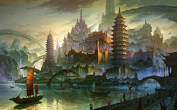 Building, Bridge, River, Oriental, Fantasy, Boat, Reflection, Town HD wallpaper