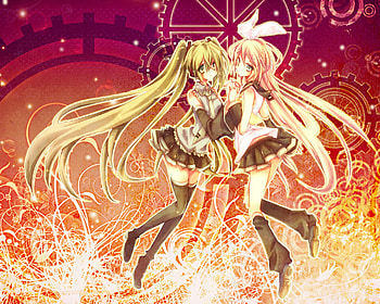 Miku & Rin, sexy, hatsune miku, ribbon, cute, vocaloid, long hair, anime, twintails, kagamine rin, green hair, girls, blonde hair, green eyes HD wallpaper