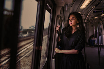 Beautiful Woman Black Dress Brunette Train , girls, model, black-dress, train HD wallpaper