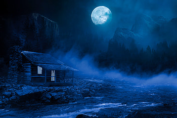 House Night Full Moon Fantasy Lake Flowing On Side , moon, fantasy, lake, artist, artwork, digital-art, house HD wallpaper