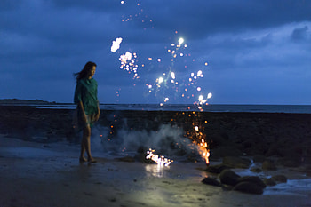 Woman, Fireworks, Night, Beach HD wallpaper