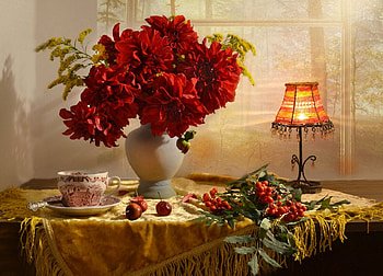 Still life, Dahilas, Autumn, Berries, Candlestick HD wallpaper