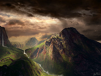A Country Far Away, river, sunlight, clouds, waterfall, mountain HD wallpaper