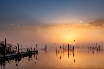 Nature, Sunset, Lake, Pier, Fishing Nets, Fishnets HD wallpaper