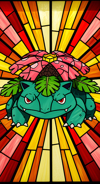 Venusaur Radiance: Vibrant Pokémon Stained Glass , stained glass, Pokemon, flower HD phone wallpaper
