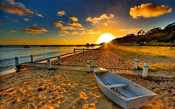 Sunset at the beach, boat, blue, natural, graphy, Fall, landscape, low, orange, beach, scenery, brown, autumn, nature, sunset HD wallpaper