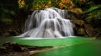 Waterfall in Autumn Forest, cascades, river, rocks, pond, trees HD wallpaper