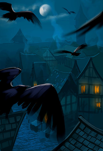 Birds, Art, Moon, Crows, Building HD phone wallpaper