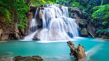Waterfall in Forest, trees, cascades, river, rocks HD wallpaper