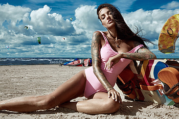Anya, vara, beach, blue, model, angelov, evgenii angelov, girl, summer, swimsuit, pink, cloud HD wallpaper