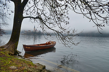 Bled lake,Slovenia, Lake, Boat, Fog, Branches HD wallpaper