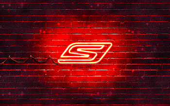 Skechers red logo, , red brickwall, Skechers logo, brands, Skechers neon logo, Skechers HD wallpaper