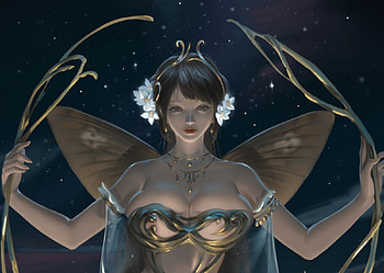 Luna, fairy, wings, fantasy, flower, girl, luminos, rain wzq HD wallpaper
