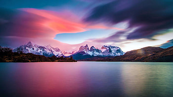 At the End of the World, Torres del Paine, Chile, sky, sunset, sea, clouds, colors, mountains HD wallpaper